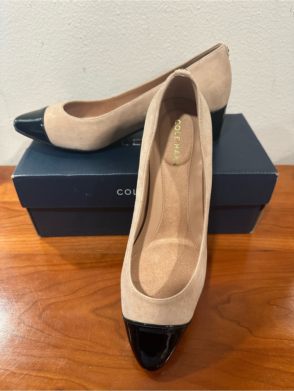 Cole Haan Two-Tone Beige Suede Pumps with Black Patent Toe - Picture 3 of 5